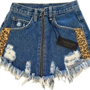 Carmar Blue Distressed Denim Mini Skirt with Leopard Side Panels